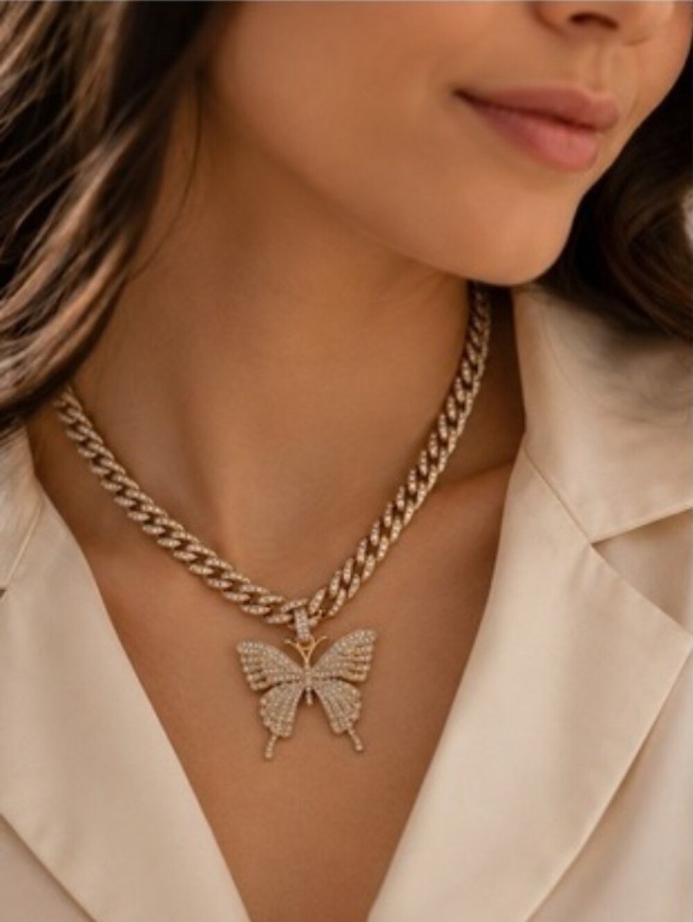 Gold Tone‎ Crystal Butterfly Necklace Adjustable Slider Pavé Chain Statement